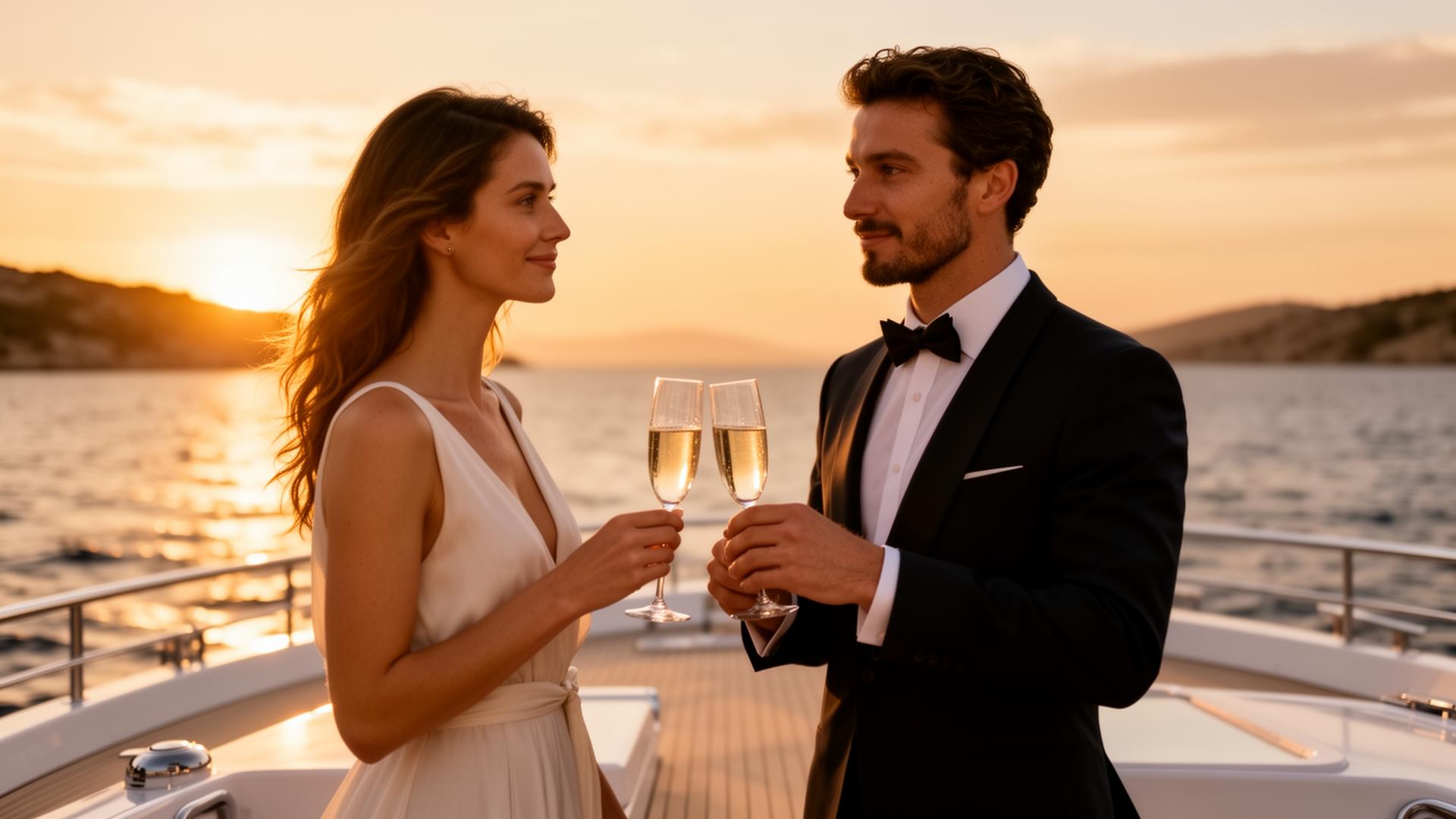 Couple toasting with champagne on board at sunset