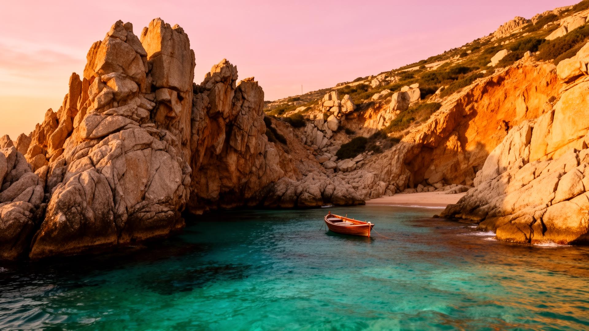 Hidden turquoise cove on the South Sardinia coast near Cagliari at sunset, with granite cliffs and a small wooden boat