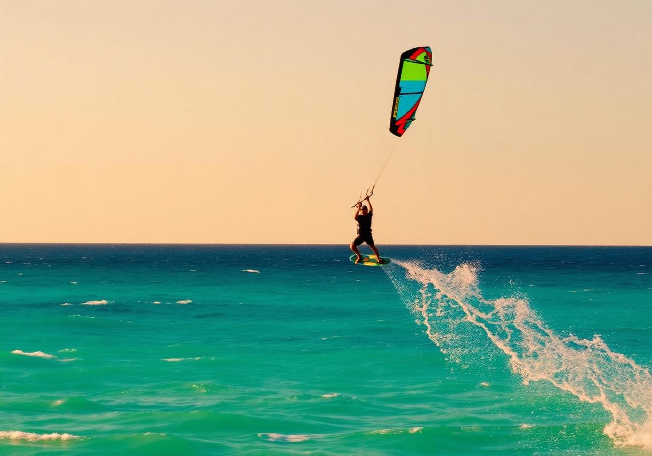 Kitesurfer on a flat water lagoon in Sardinia