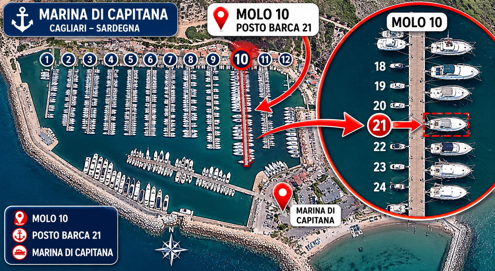 Marina di Capitana map showing Molo 10, slip 21 in Cagliari, Sardinia