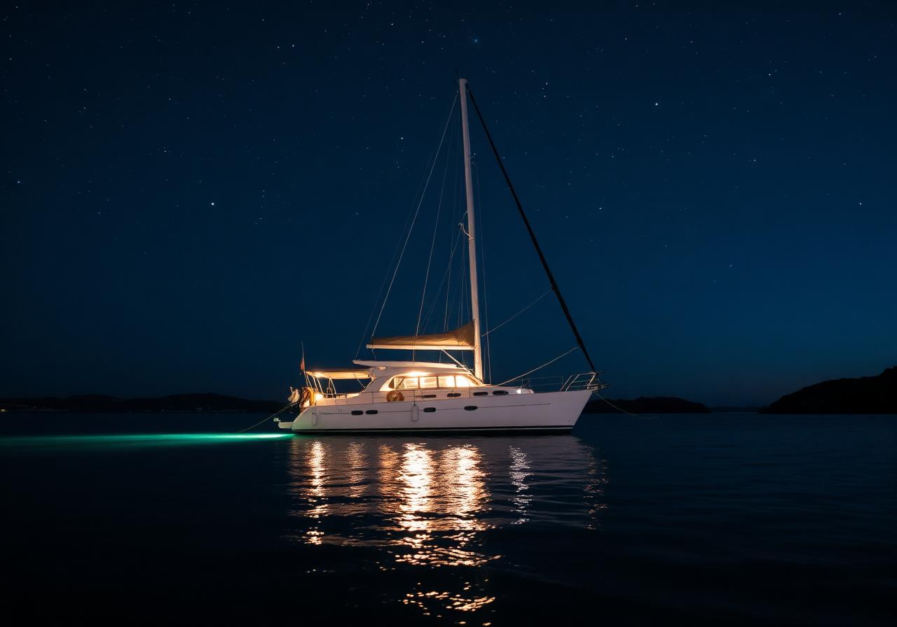 Private boat moored under a starry Sardinian sky